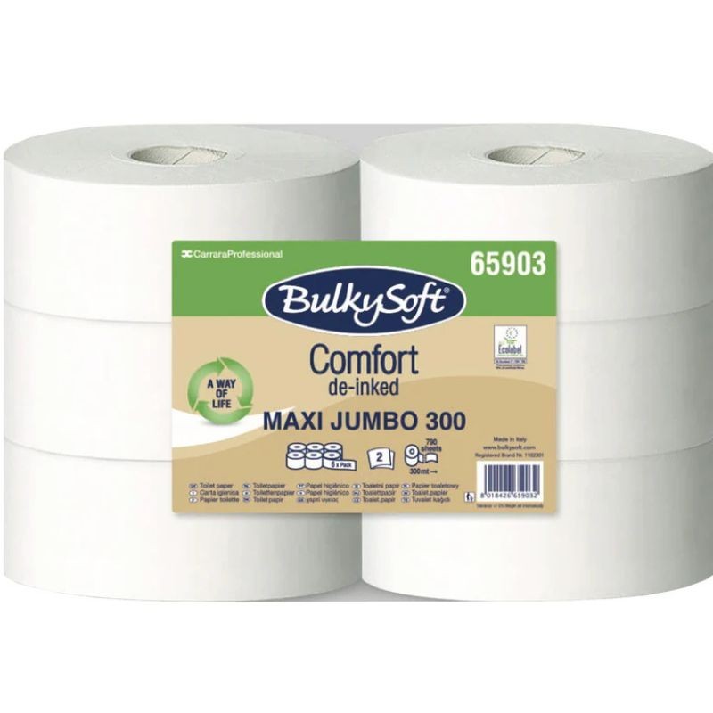 Papier toilette gaufré  blanc  300m recyclé  Grand jumbo - Lot de 6 bobines