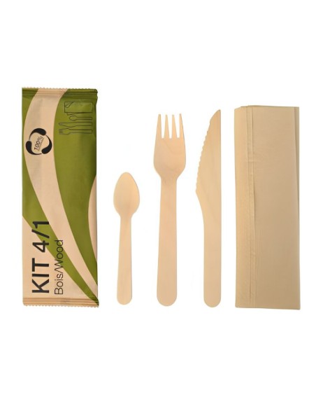 Kit couverts en bois 4/1 (fourchette / couteau / Cuillère / Serviette) Les 250